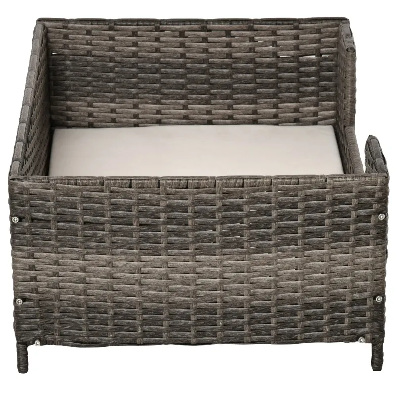 PawHut Rattan Pet Bed Raised Wicker Dog Sofa for Doggy and Cat Indoor & Outdoor with Soft Washable Cushion Gray