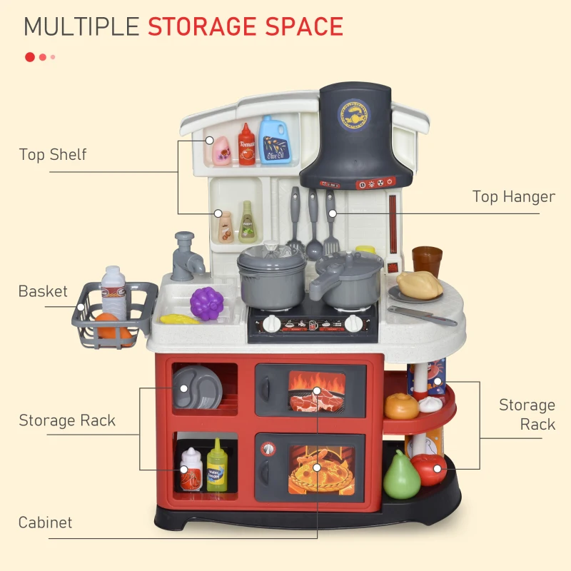 Qaba Kids Kitchen Playset with Simulation of Spray, 52-Piece Toy Kitchen Set, Pretend Play Game Sink with Real Running Water, Ages 3-6