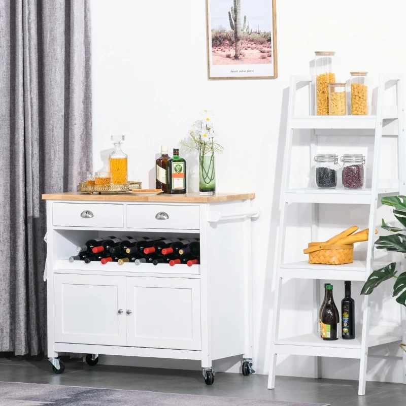 HOMCOM Rolling Kitchen Island Cart, Trolley Cart with Wine Rack, Rubberwood Top, Drawer and Hook, White