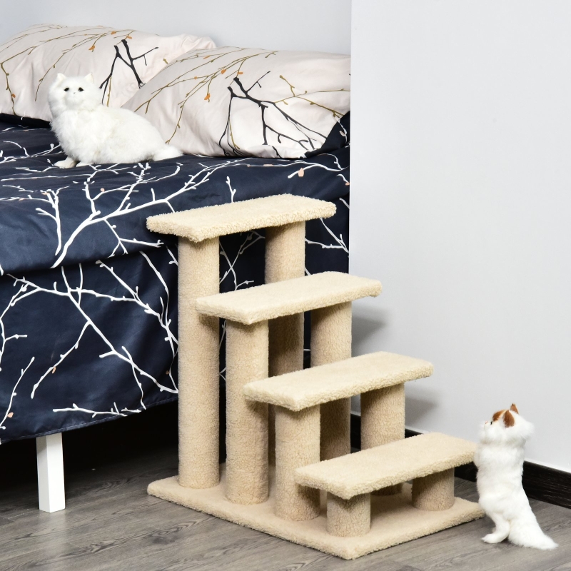 PawHut 4 Tier Pet Stairs Dog Cat Step Scratch Post Furniture, Light Brown