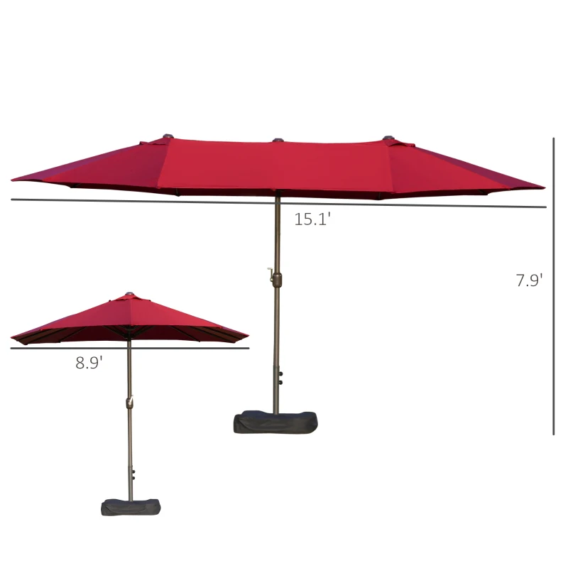 Outsunny Patio Umbrella 15' Steel Rectangular Outdoor Double Sided Market with base, UV Sun Protection & Easy Crank for Deck Pool Patio, Wine Red