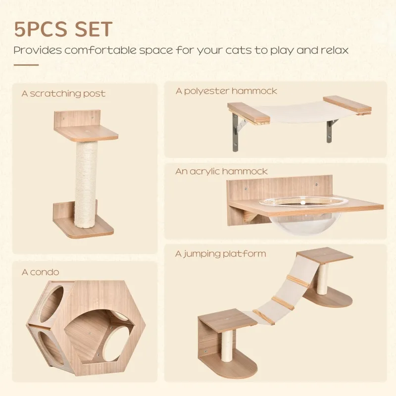 PawHut Cat Tree 5PCs Pet Wall-mounted Climbing Frame Shelf Set Kitten Perch Activity Center with Hammock, Scratching Post, Jumping Platform, Condo Light Brown