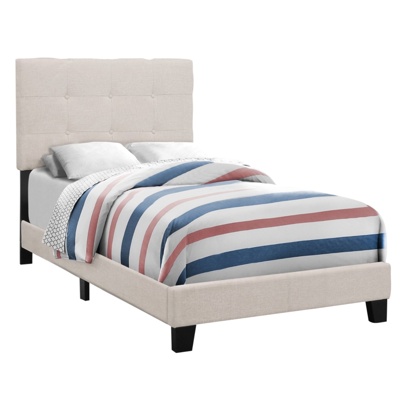 Monarch Twin Size Contemporary Upholstered Bed Frame with Tufted Headboard and Wood Legs - Beige Linen Look