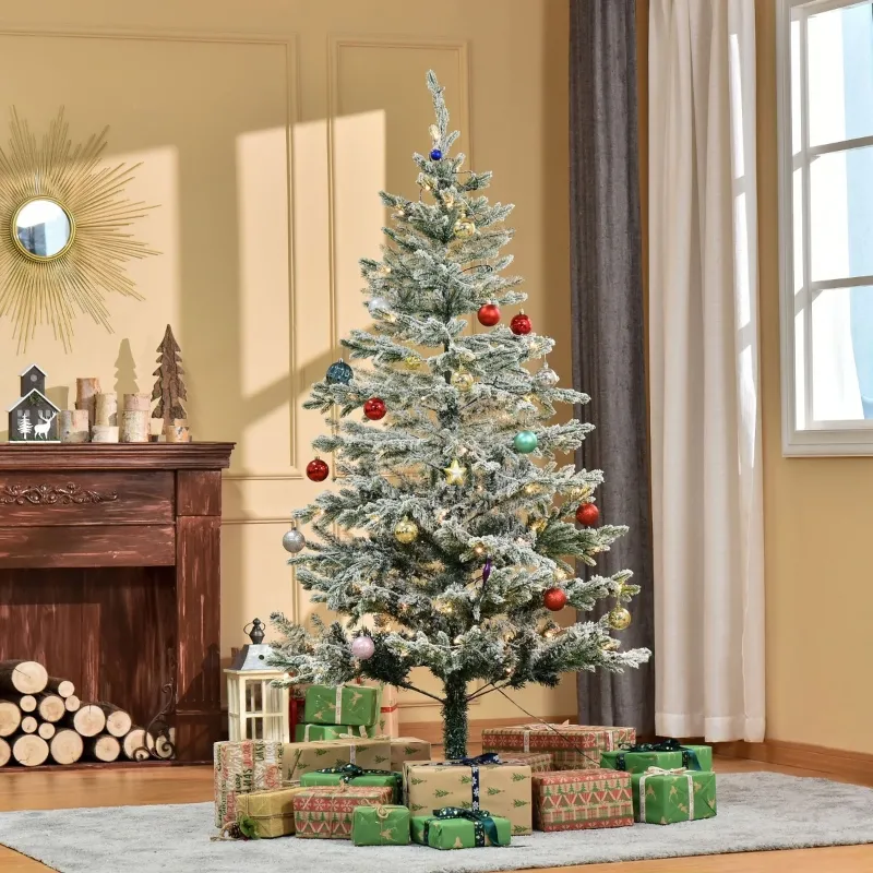 HOMCOM 6ft Pre-Lit Snow-Flocked Noble Fir Artificial Christmas Tree with Realistic Branches, 135 LED Lights and 239 Tips