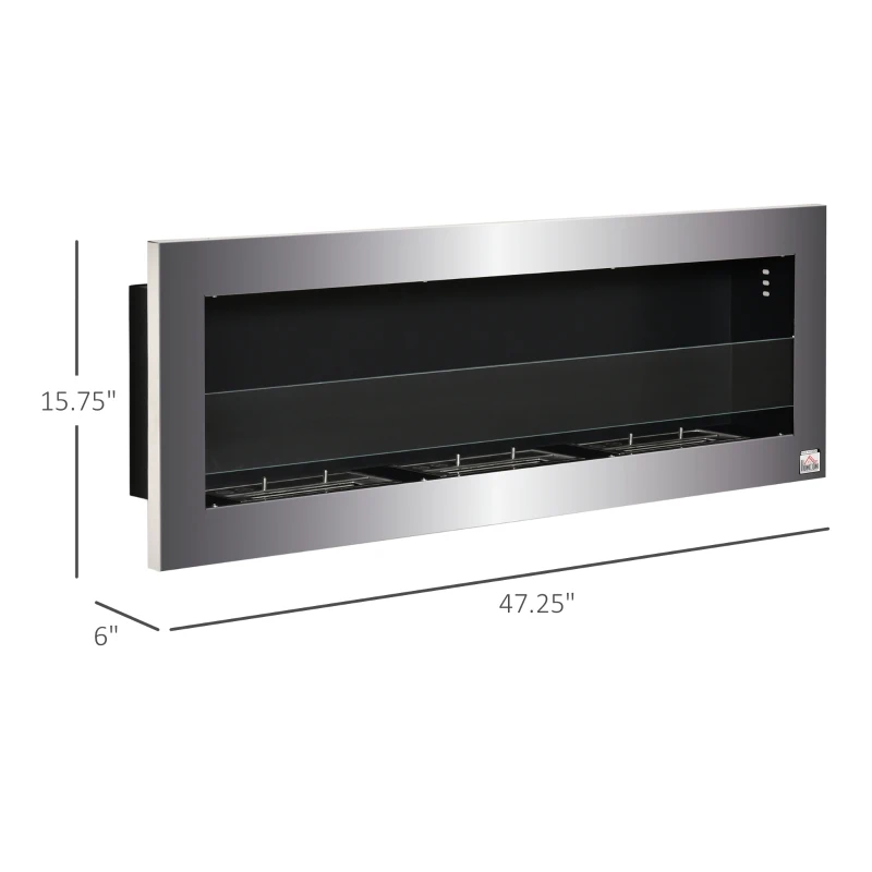 HOMCOM Ethanol Fireplace, 47.25" Wall-Mount 0.3 Gallon Steel 215 Sq Ft., Burns up to 3 Hours, Silver