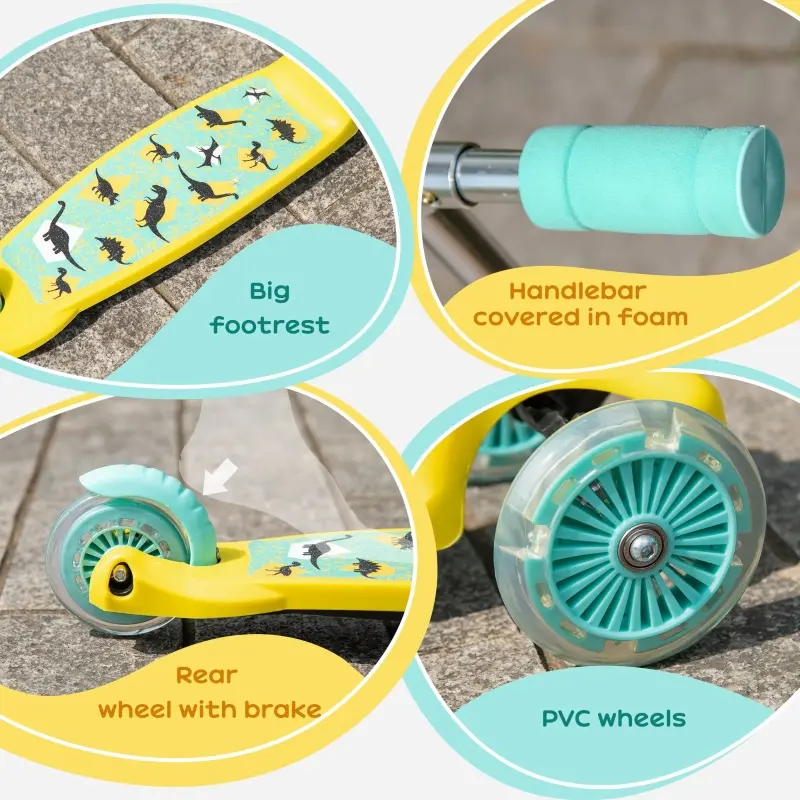 Aosom Kick Scooter for Kids, Foldable Children's Scooter with 3 Wheels, Adjustable Height, and Flashing LED for Boys and Girls, Yellow