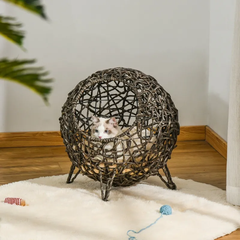 PawHut 20.5" Rattan Cat Bed, Kitten House, Elevated Round Condo for Comfort and Circulation with Cushion, Round Design