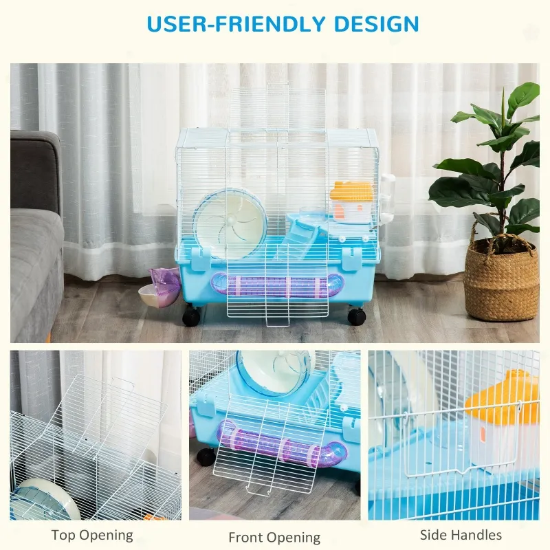 PawHut Hamster Cage, Gerbil Haven, Multi-storey Rodent House, Small Animal Habitats, Large Hide-out, w/ Water Bottle, Tubes, Exercise Wheel, Food Dish, Ramp, Shower Room, Light Blue