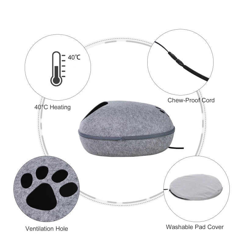 PawHut Heated Indoor Fleece Cat Shelter Retreat - Grey