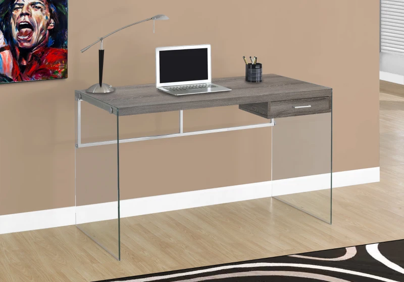 Monarch 48" Contemporary Glass Legged Writing Computer Desk with Drawer - Dark Taupe