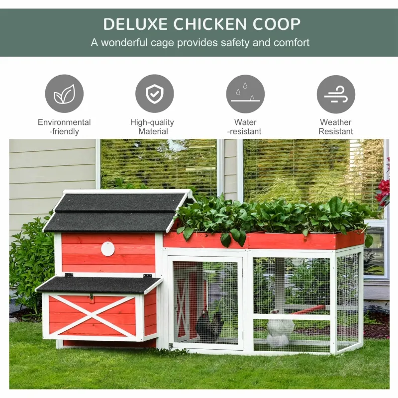 PawHut 82" Chicken Coop Wooden Rabbit Hutch Small Animal Habitat Hen Ducks House with Run Nesting Box Waterproof Roof, Red
