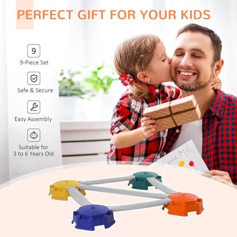 Qaba 9pcs Kids Balance Beam Balance Bridge Gym Toy for toddler Balance Strength Coordination Training Floor Game Preschool Learning Toy with Non-slip Surface