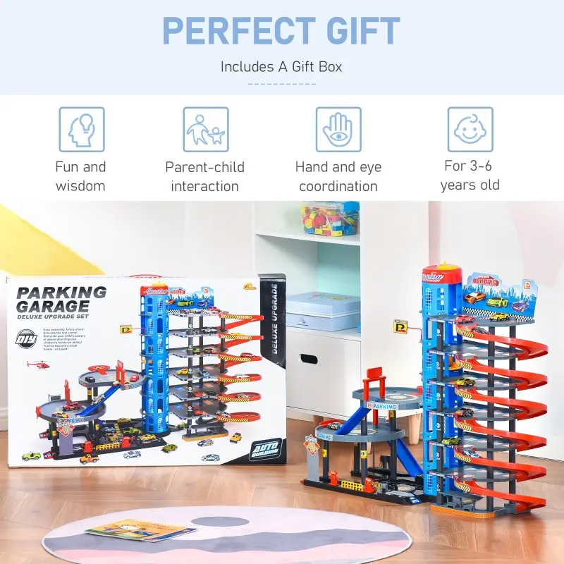 Qaba 7-Level Car Parking Garage Toy Race Tracks Car Ramp Set Toddler Car Games w/ Cars & Helicopter Elevator Gas Station Car Repair Station for 3-6 Years Old