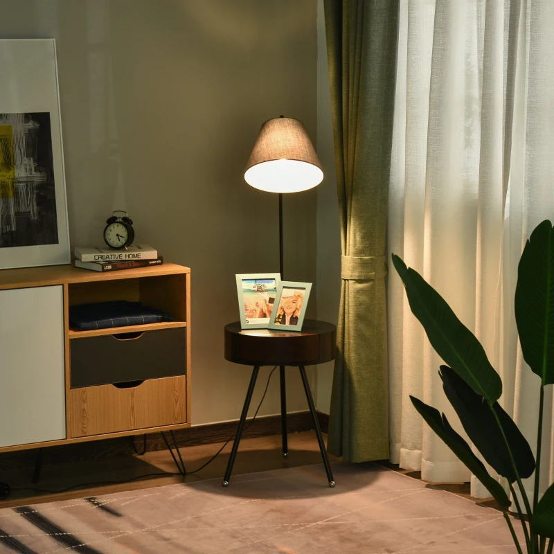 HOMCOM Multifunctional Floor Lamp with Table Standing Lamp 2-in-1 E26 Rubber Wood Steel