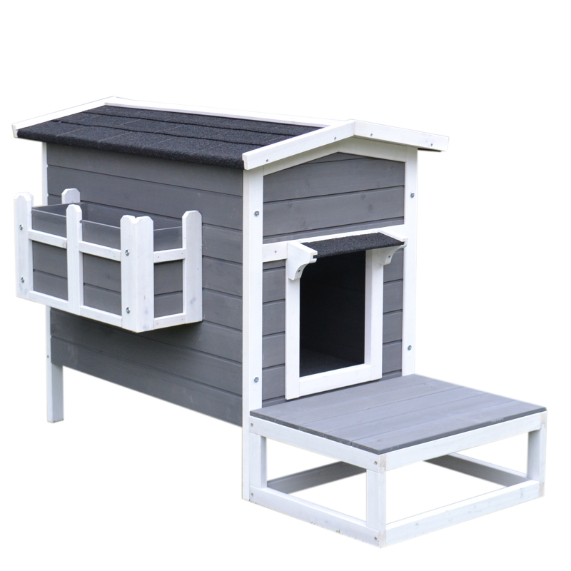 PawHut Wooden Large Deluxe Elevated Indoor Outdoor Cat House with Porch and Balcony - Dark Grey / White