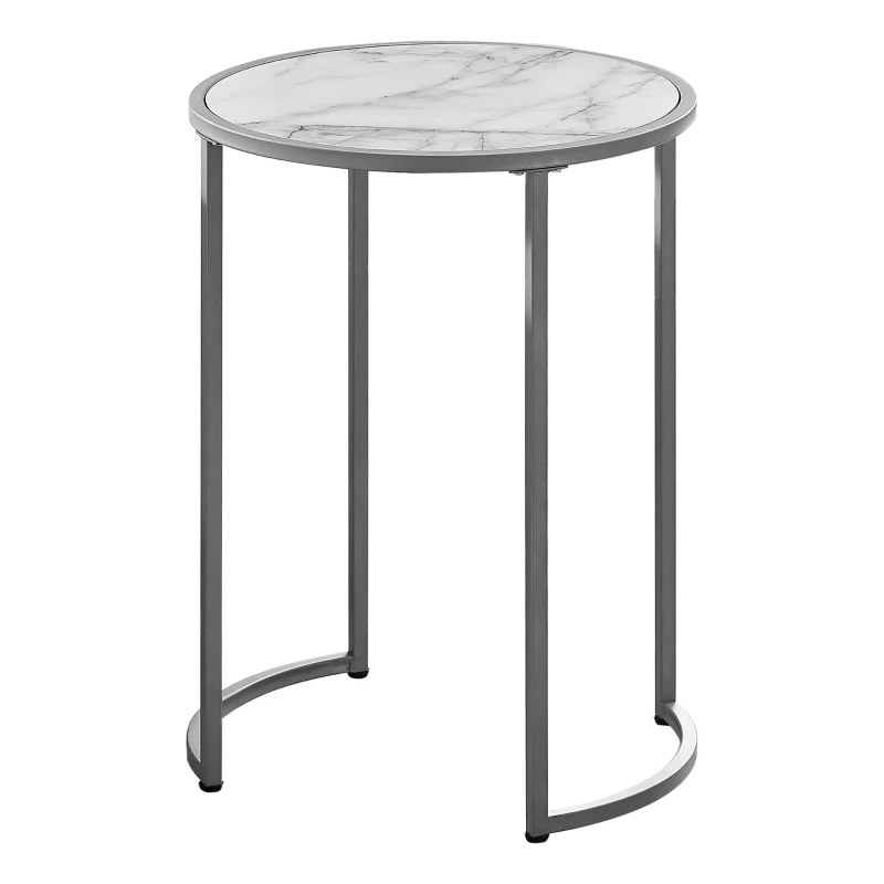Monarch 24" Round Metal Accent Table with Marble-Look Top - White / Silver Metal