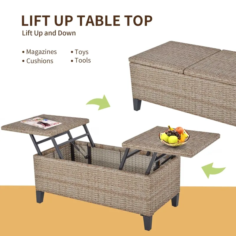 Outsunny Outsunny Rattan Wicker Coffee Side Table with Double Lift Top Design, Large Storage Space, Rust-Fighting Steel Frame for All Weather for Outdoor, Patio, Garden, Backyard, Brown