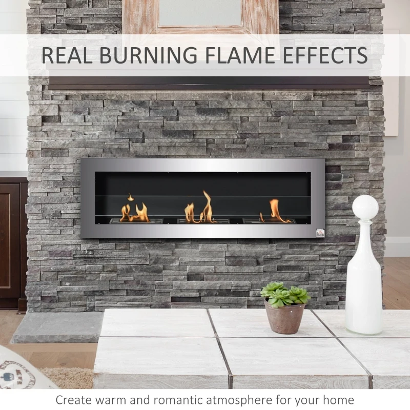 HOMCOM Ethanol Fireplace, 47.25" Wall-Mount 0.3 Gallon Steel 215 Sq Ft., Burns up to 3 Hours, Silver