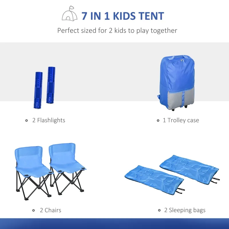 Outsunny Kids Camping Tent with Chairs, Sleeping Bags, Flashlights, Trolley Case, 69" L 53.25" W 37.5" H, Blue/Grey