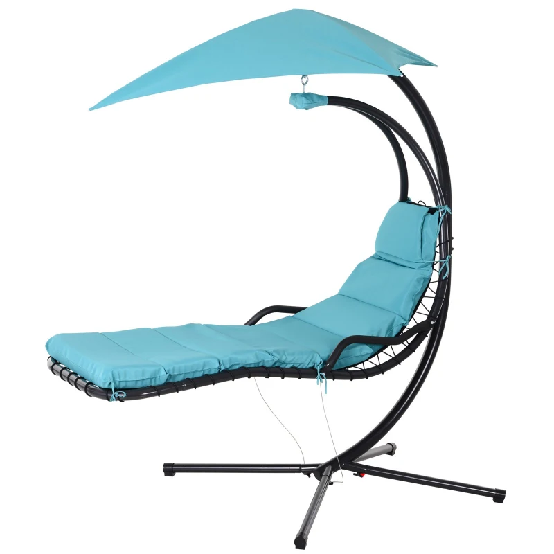 Outsunny Single Floating Chaise Lounge Curved Outdoor Porch Swing Chair Hanging Hammock Reclining Seat w/Arc Stand & Canopy Blue