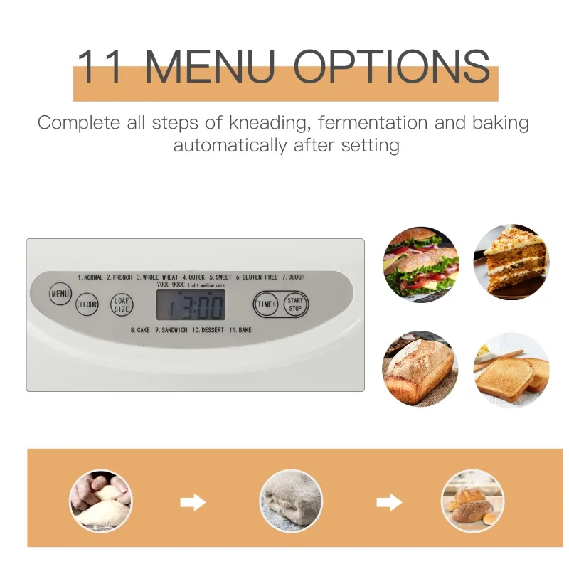 HOMCOM 2 Pound Non-Stick Bread Maker Machine With 11 Menu Settings, 2 Loaf Sizes, 3 Crust Colors, 13h Delay Timer, 1h Warming Function, 550W