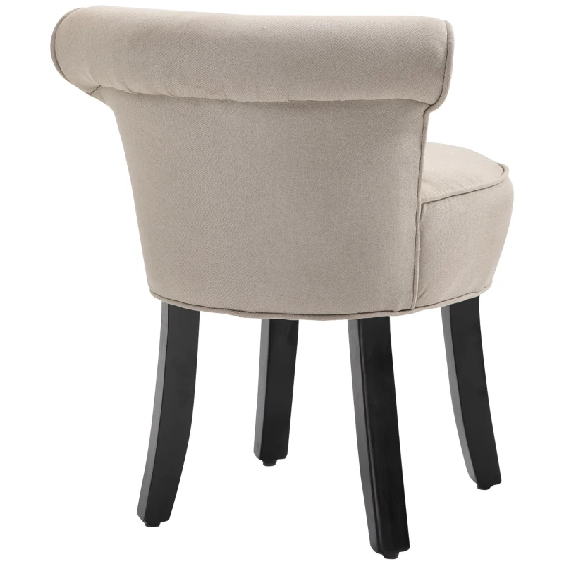 HOMCOM Upholstered Linen Vanity Stool with Curved Thick Padded Backrest, Rubberwood Legs, and Footpads, Beige