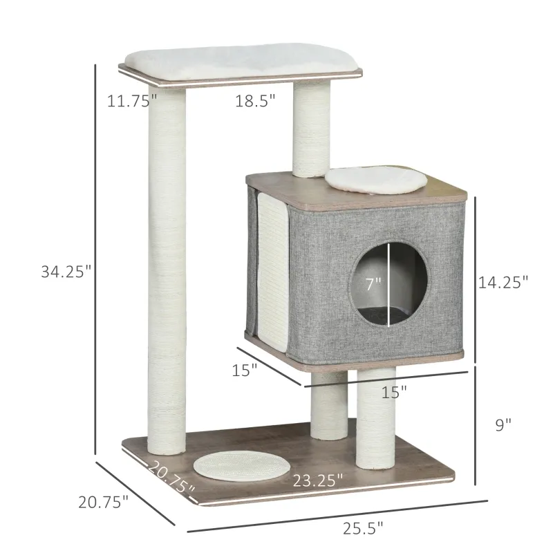 PawHut 34" Cat Tree Tower Activity Center with Natural Jute Scratch Material, Cushions on Each Platform, & Condo Area