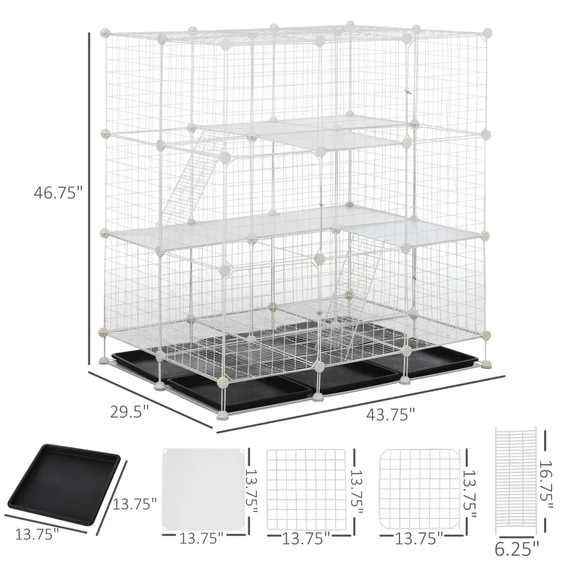 PawHut Small Animal Playpen C&C Cage Wire Bunny Pen for Kitten, Chinchillas, with Doors, Ramps and Trays, White