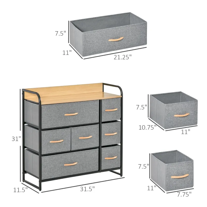 HOMCOM 3-Tier Storage Organizer for Bedroom Entryway, 7-Drawer Dresser with Steel Frame for Bedroom, Light Gray