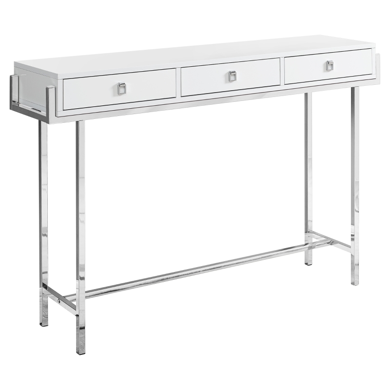 Monarch 48" Contemporary 3-Drawer Storage Chrome Metal Frame Accent Hall Sofa Console Table - Glossy White Finish