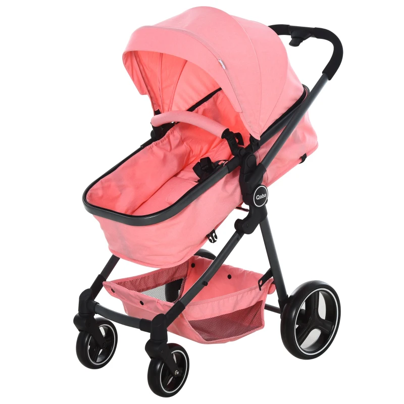 Qaba 2 In 1 Design Lightweight Baby Stroller Basket One-click Foldable Compact Travel Pushchair w/ Reclinable Back Footrest Seat Belt Storage Basket Suspension Wheels For 0-36 Months Pink