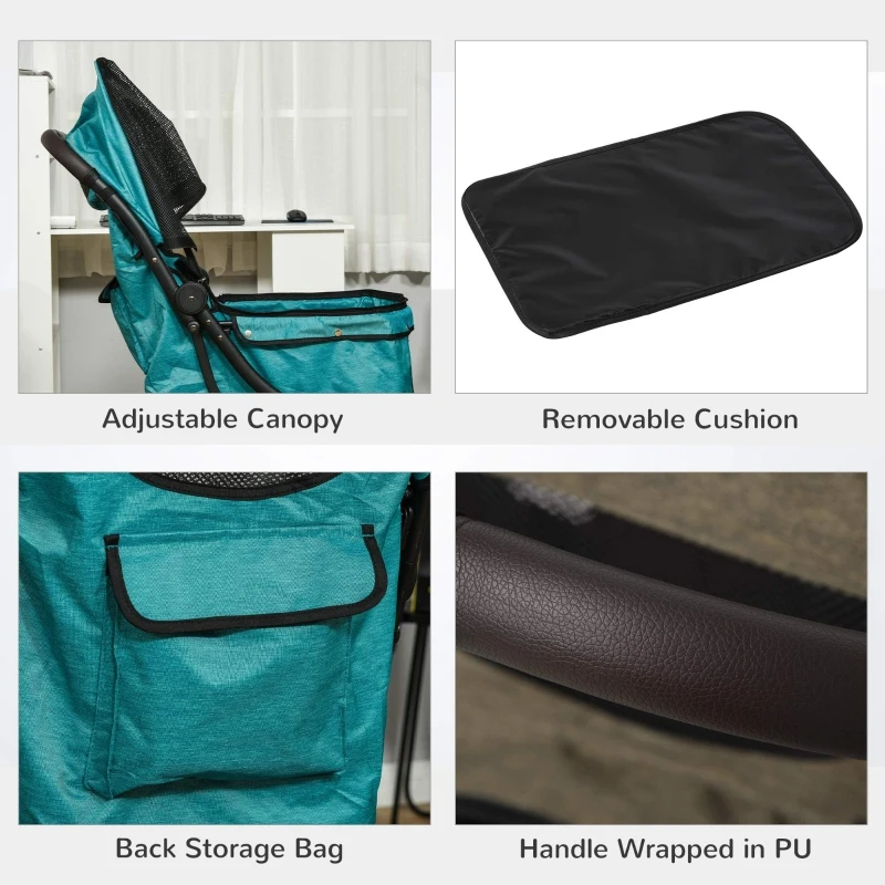 PawHut Travel Pet Stroller for Dogs, Cats, One-Click Fold Jogger Pushchair with Aluminum Frame, EVA Wheels, Brakes, Basket Storage, Safety Belts, Adjustable Canopy, Zippered Mesh Window Door, Blue