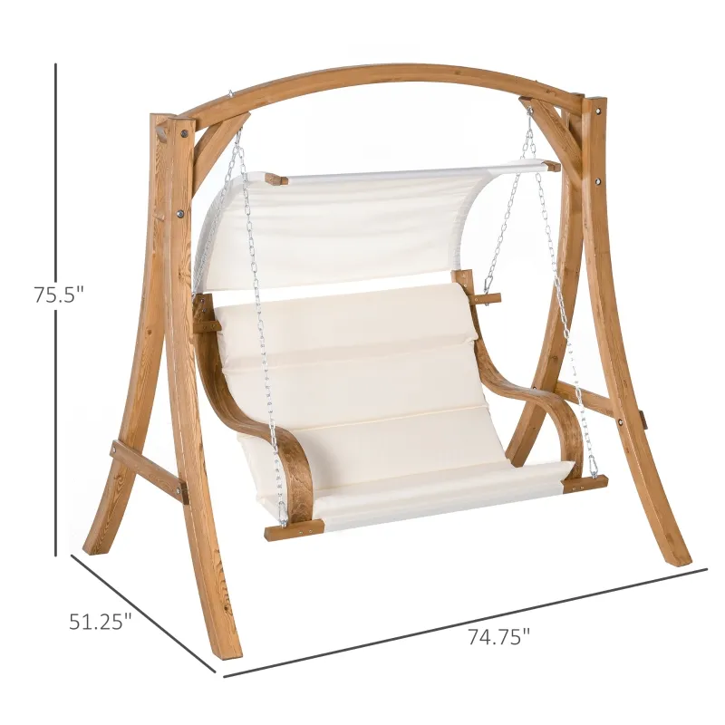 Outsunny Wooden Porch Swing Chair A-Frame Wood Log Swing Bench Chair With Canopy and Cushion for Patio Garden Yard