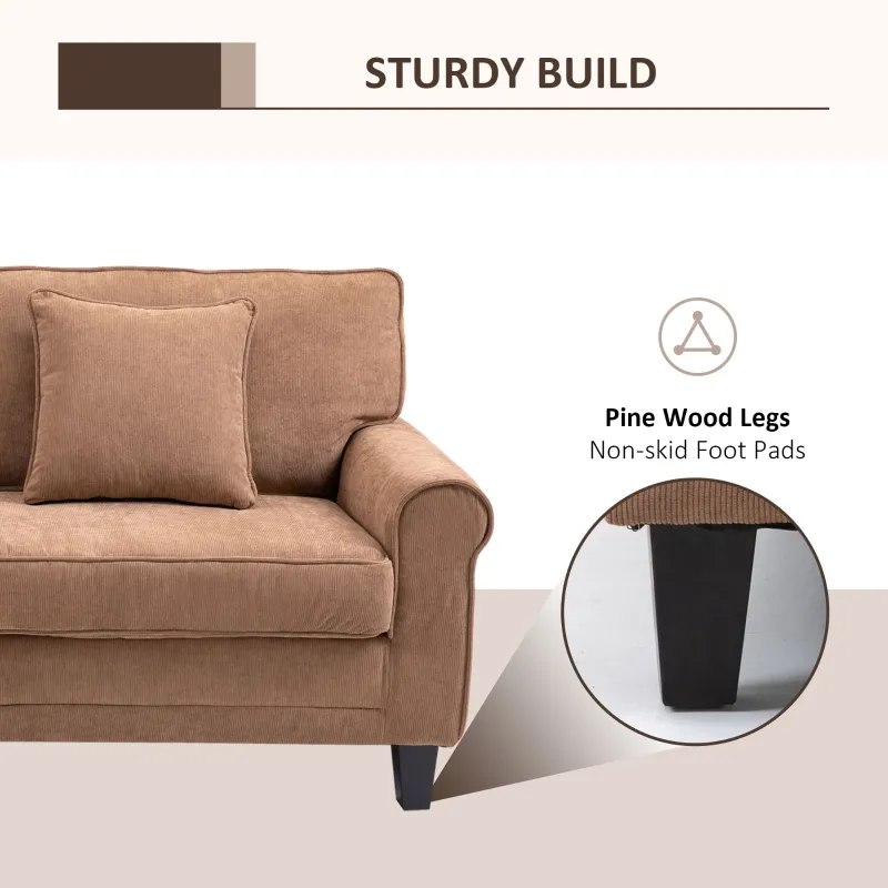 HOMCOM Modern 3-Seater Sofa 78" Thick Padded Comfy Couch with 2 Pillows, Corduroy Fabric Upholstery, Pine Wood Legs and Rounded Arms for Living Room, Brown