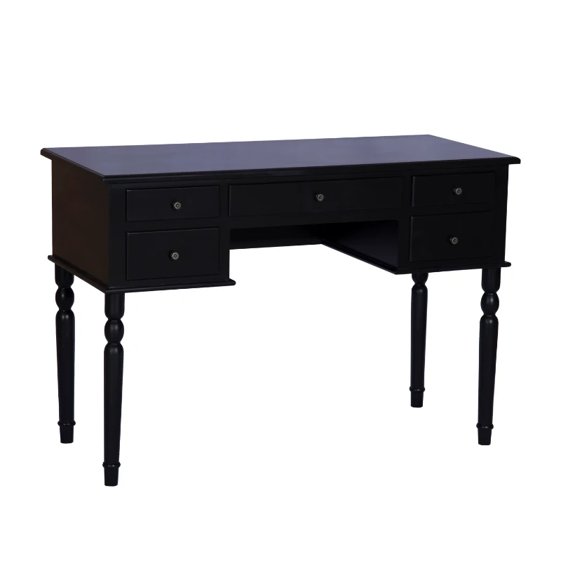 HOMCOM 63"H Elegant Vanity Table Set Tri-Fold Mirrored Make-Up Dressing Table with Cushioned Stool 5 Drawer Black