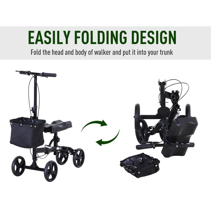 HOMCOM Medical Foldable Steerable Leg Knee Walker Scooter with Basket Attachment - Black
