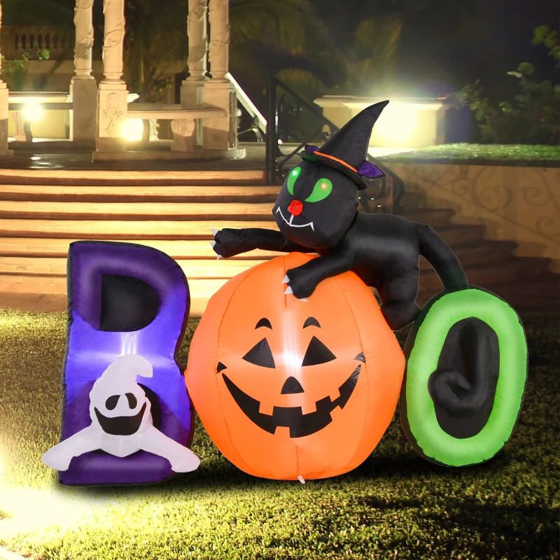 HOMCOM 5.5' Lighted Inflatable Outdoor Halloween Yard Decoration - Boo Black Cat Ghost Pumpkin