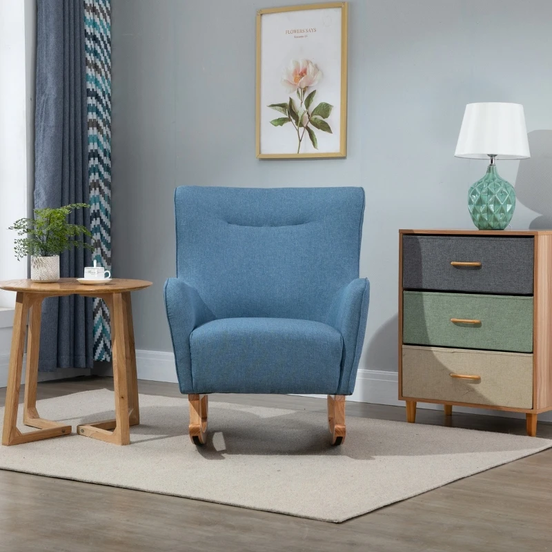 HOMCOM Modern Rocking Chair Sofa Armchair Modern Accent Chair with Thick Padding, Winged Back for Living Room, or Bedroom, Blue