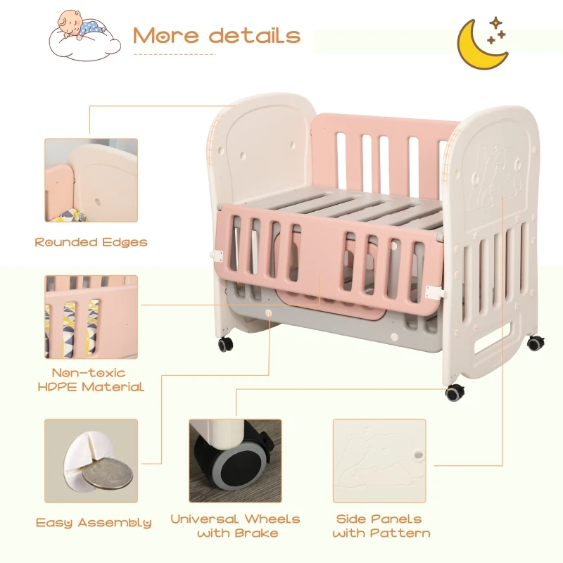 Qaba Baby Crib 3 In 1 Design Toddler Cot Cradle Beside Sleeping Cot with Storage Function Detachable Lockable Wheels for Infant Newborn Age 0 to 6 Months,Pink