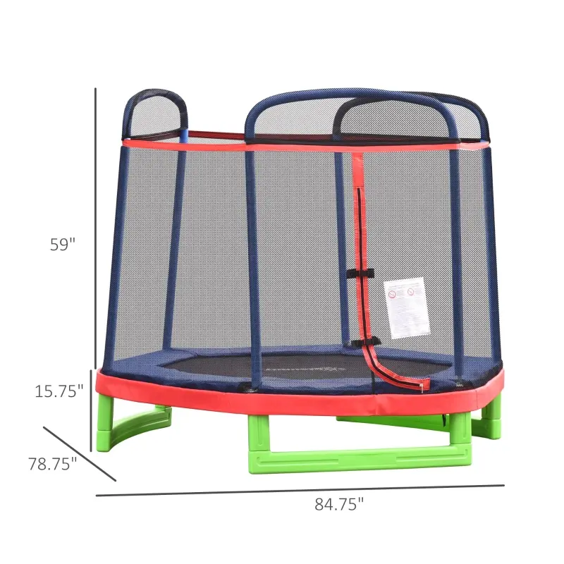 Outsunny 7FT Kids Trampoline, Durable Bouncer Spring Gym Toy Indoor/Outdoor with Safety Net Enclosure, Padded Cover, Fun Exercise Activity for Children, Red