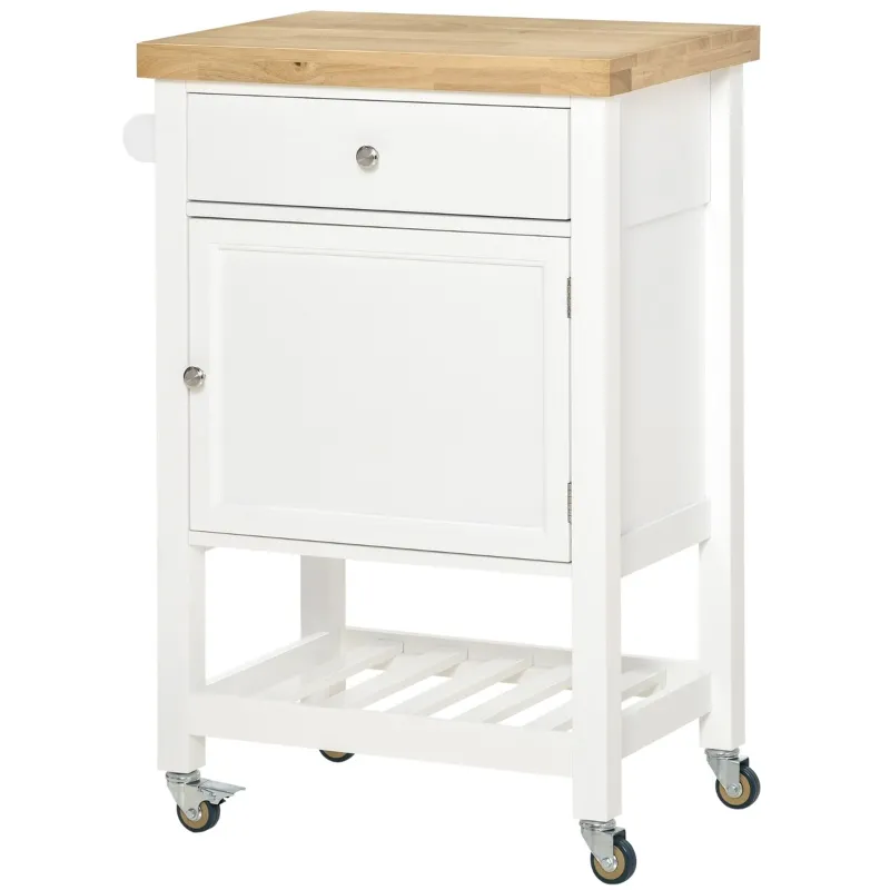 HOMCOM Utility Kitchen Cart, Rolling Kitchen Island with Smooth Rubberwood Top, Narrow Butcher Block Surface on Wheels with Storage Drawer & Cabinet, White