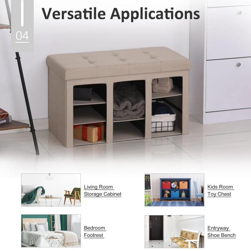 HOMCOM Modern Folding Shoe Storage Bench with Flipping Lid, Ottoman Bench for Bedroom & Hallway with 9 Cubes, Beige