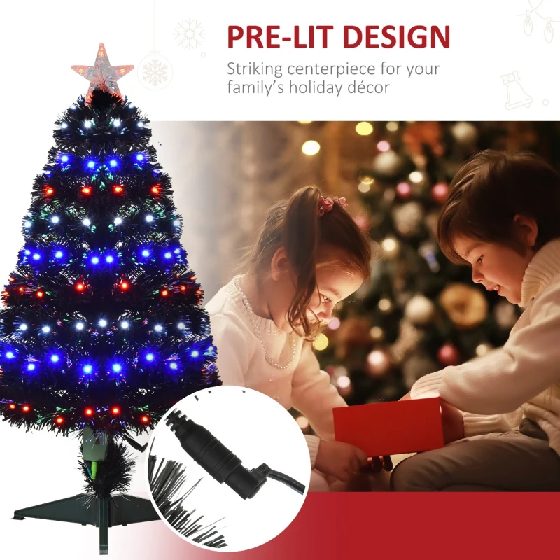 HOMCOM 3ft Tall Pre-Lit Douglas Fir Artificial Christmas Tree with Realistic Branches, 90 Multi-Color LED Lights, Fiber Optics, and 90 Tips, Black
