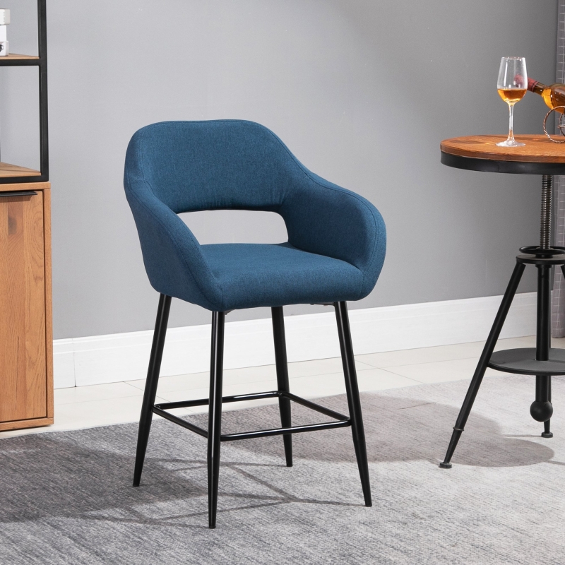HOMCOM Modern Counter Height Barstools Linen Fabric Upholstered Chair with Footrest & Metal Legs,Blue