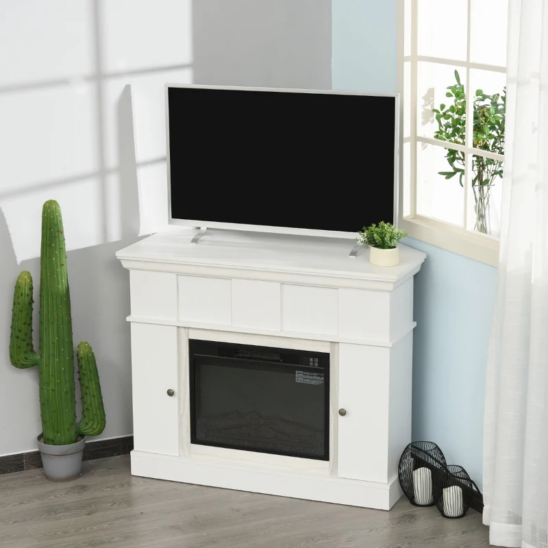 HOMCOM 45.25" W x 36.5" H Electric Fireplace Mantel TV Stand, Media Console Center Cabinet with 2 Cabinets with 2 Adjustable Shelves, and Remote Control, White