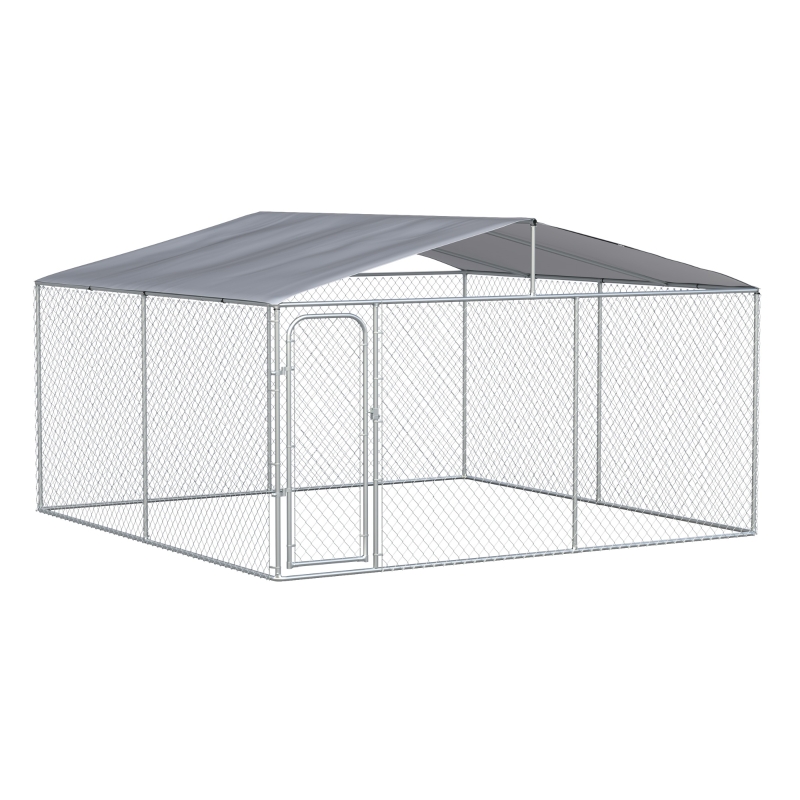 PawHut Outdoor Dog Kennel Galvanized Steel Fence with Cover Secure Lock Mesh Sidewalls for Backyard 157.5" x 157.5" x 91.25"