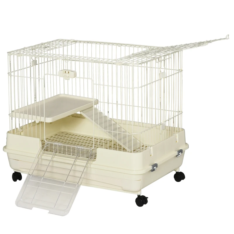 PawHut 2-Level Small Animal Cage Rabbit Hutch with Wheels, Removable Tray, Platform and Ramp for Bunny, Chinchillas, Ferret, White