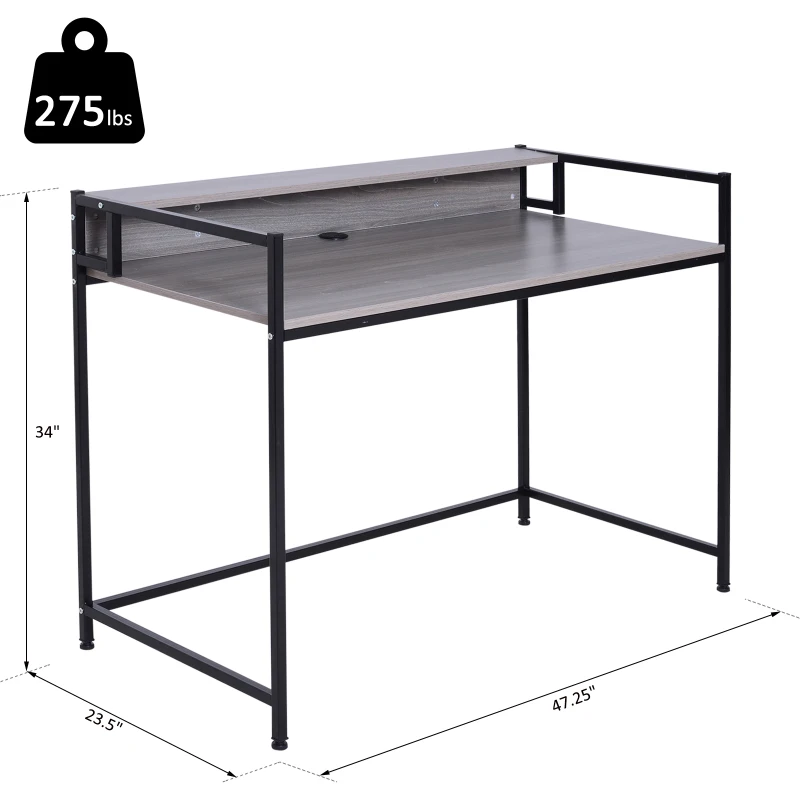 HOMCOM Computer Desk Wood Top Workstation PC Laptop Study Writing Table Home Office w/ Raised Rack Grey Oak