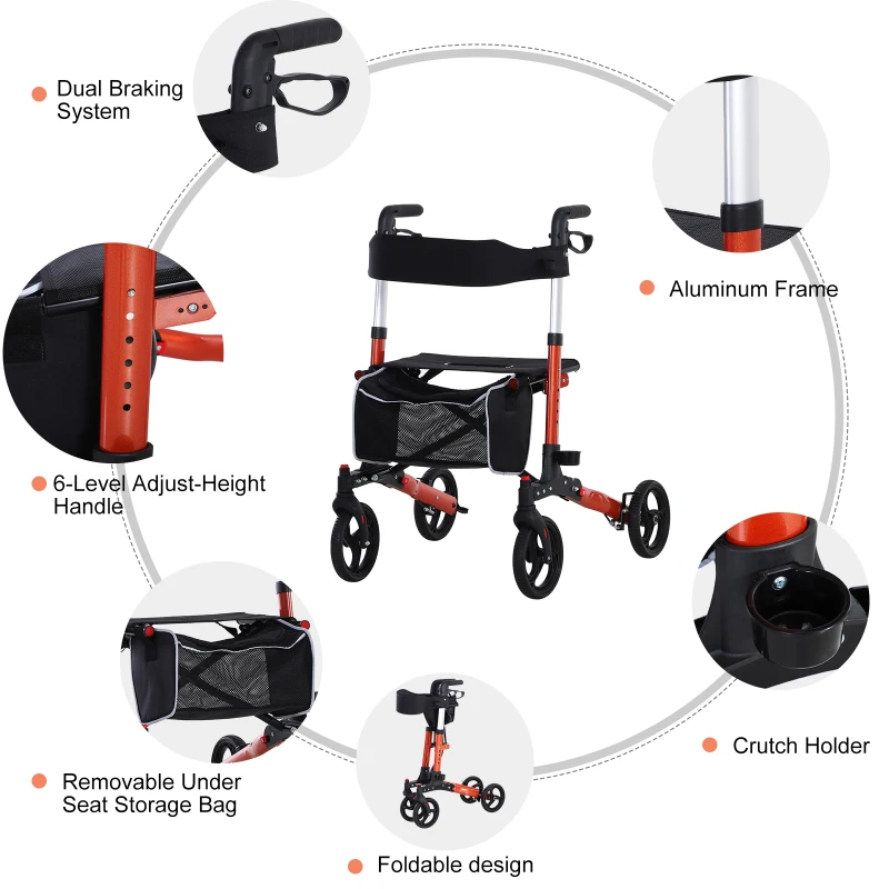 HOMCOM Aluminum Transport Rollator Walker 1-Step Open W/ Adjustable Seat  Bag  Crutch Holder