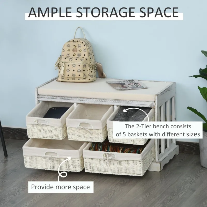 HOMCOM Wooden Shoe Bench with Cushion, Entryway Bench with 5 Removable Storage Baskets for Entryway, Living Room, Cream White
